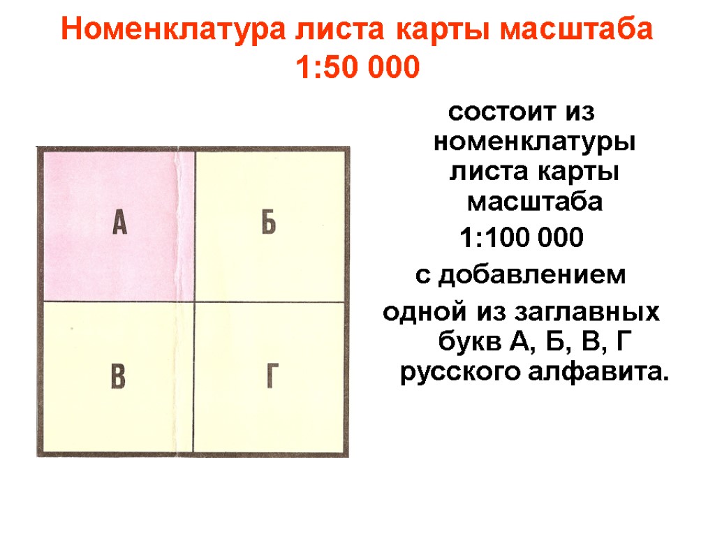 Номенклатура листа карты масштаба 1:50 000 состоит из номенклатуры листа карты масштаба 1:100 000